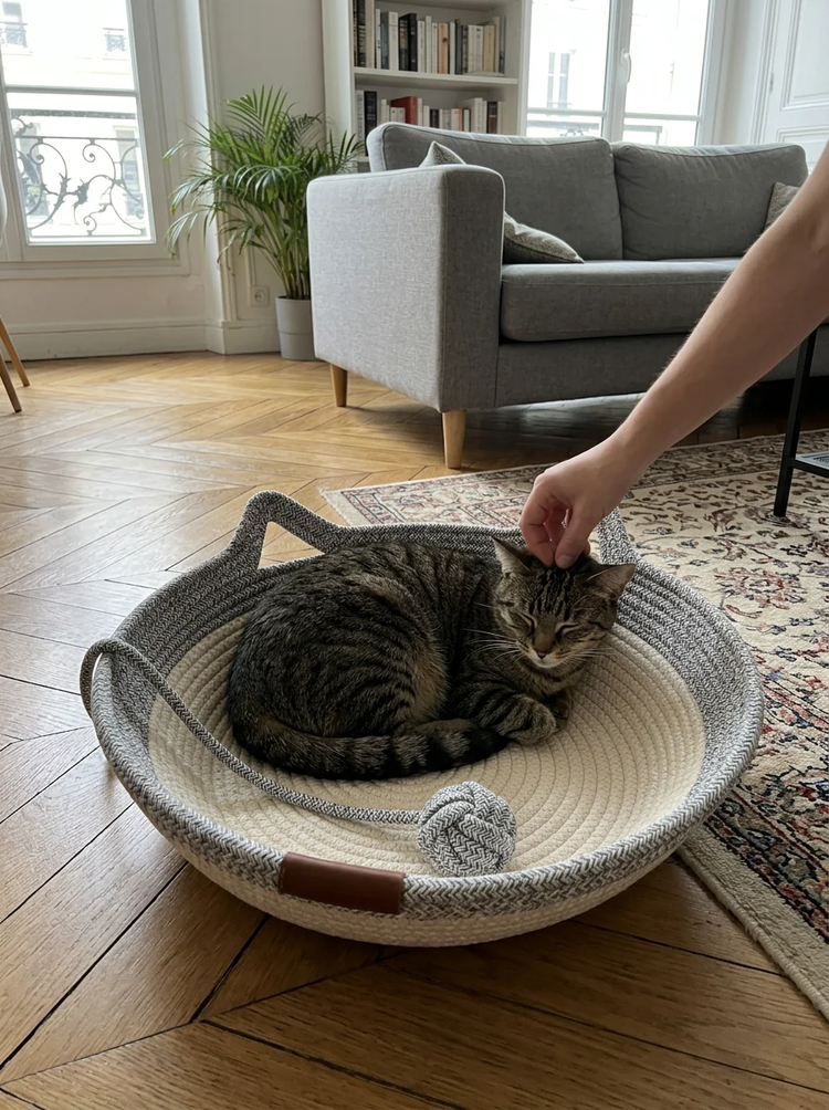 Chat tigré endormi dans le panier Le Nid, dans un appartement parisien